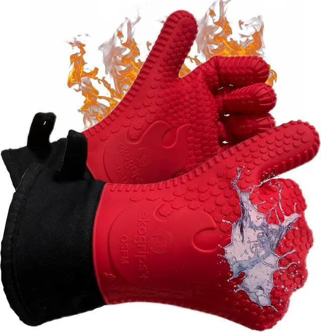Main image of Comfy Waterproof Silicone Oven Mitts Heat Resistant with Long Cuff, Insulated BBQ Gloves Perfect for Grilling, Baking, Smoker, Canning, Pizza, Red, Hot Mitts