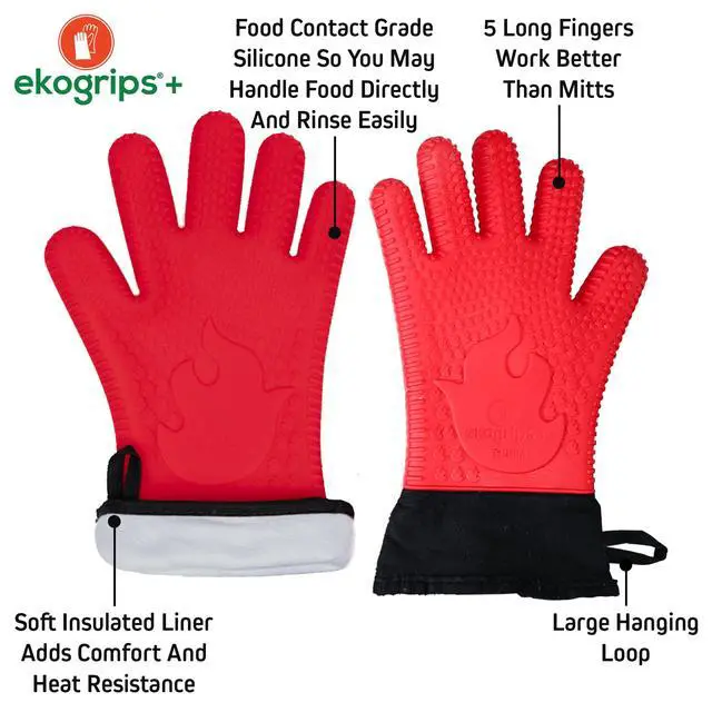 Alt view image 5 of 7 - Comfy Waterproof Silicone Oven Mitts Heat Resistant with Long Cuff, Insulated BBQ Gloves Perfect for Grilling, Baking, Smoker, Canning, Pizza, Red, Hot Mitts
