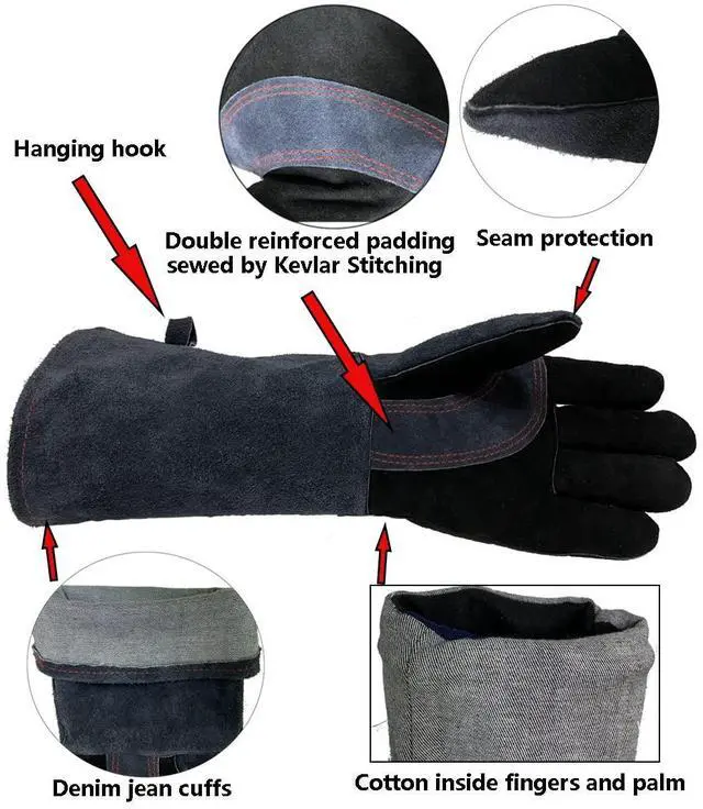 Alt view image 4 of 6 - Welding Gloves 16"- 932°F Heat Resistant Leather,Fire&Cut Protection,for Forge/Tig/Mig/Fireplace Grill/BBQ/Stove Oven/Baking/Pruning flowers Gardening/Campfire