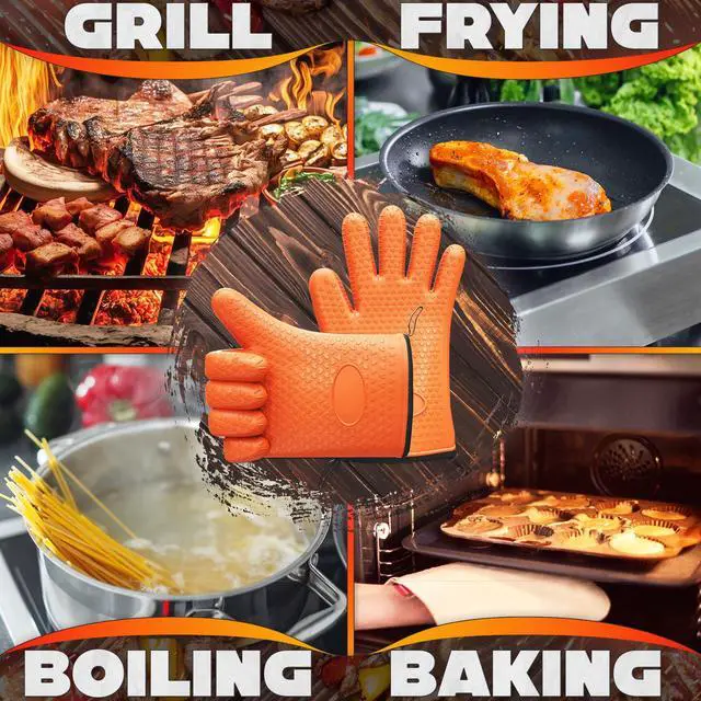 Alt view image 4 of 7 - Silicone Oven Gloves with Fingers Dual-Layer Silicone Gloves for Cooking, Heat & Oil Resistant with Soft Inner Cotton Padding Non-Slip Oven Mitts for Grilling, Baking, Hot Tray, Smoker & Fryer Use