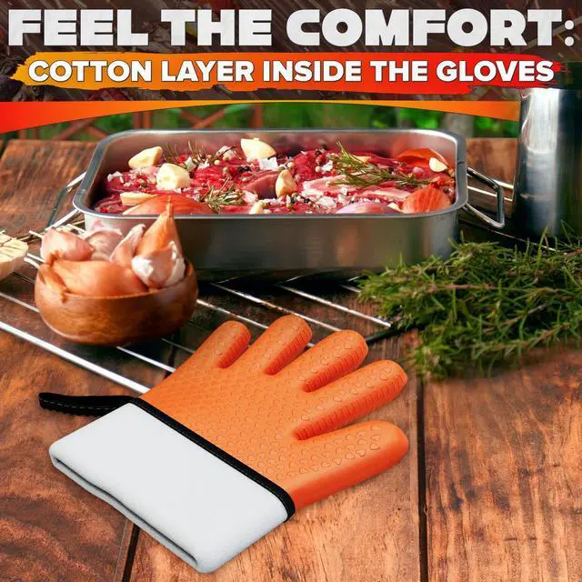Alt view image 5 of 7 - Silicone Oven Gloves with Fingers Dual-Layer Silicone Gloves for Cooking, Heat & Oil Resistant with Soft Inner Cotton Padding Non-Slip Oven Mitts for Grilling, Baking, Hot Tray, Smoker & Fryer Use