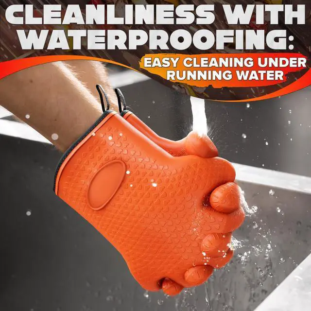 Alt view image 7 of 7 - Silicone Oven Gloves with Fingers Dual-Layer Silicone Gloves for Cooking, Heat & Oil Resistant with Soft Inner Cotton Padding Non-Slip Oven Mitts for Grilling, Baking, Hot Tray, Smoker & Fryer Use