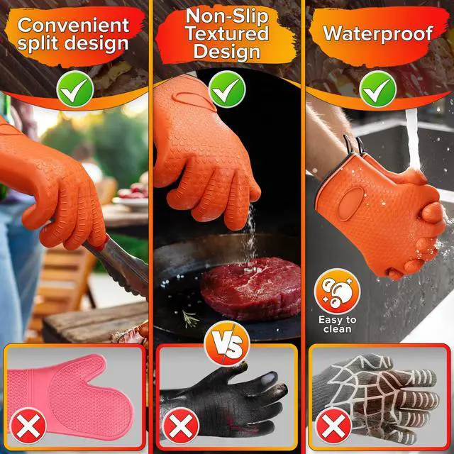 Alt view image 6 of 7 - Silicone Oven Gloves with Fingers Dual-Layer Silicone Gloves for Cooking, Heat & Oil Resistant with Soft Inner Cotton Padding Non-Slip Oven Mitts for Grilling, Baking, Hot Tray, Smoker & Fryer Use