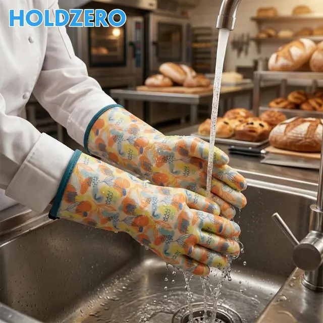 Alt view image 5 of 7 - Heat Resistant Gloves for Cooking Thickened Silicone Coating Cotton Liner Waterproof Food Grade Graffiti-Art Printing Medium