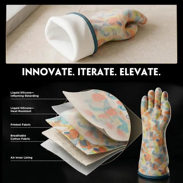 Alt view image 7 of 7 - Heat Resistant Gloves for Cooking Thickened Silicone Coating Cotton Liner Waterproof Food Grade Graffiti-Art Printing Medium