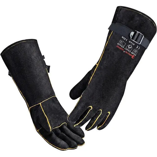 Main image of 16 Inch Leather Welding Gloves, 932 Heat & Fire Resistant, Large Black Mitts for Welding, BBQ, Oven, Grill, Fireplace, Forge, Furnace, Stove, Pot Holder & Animal Handling