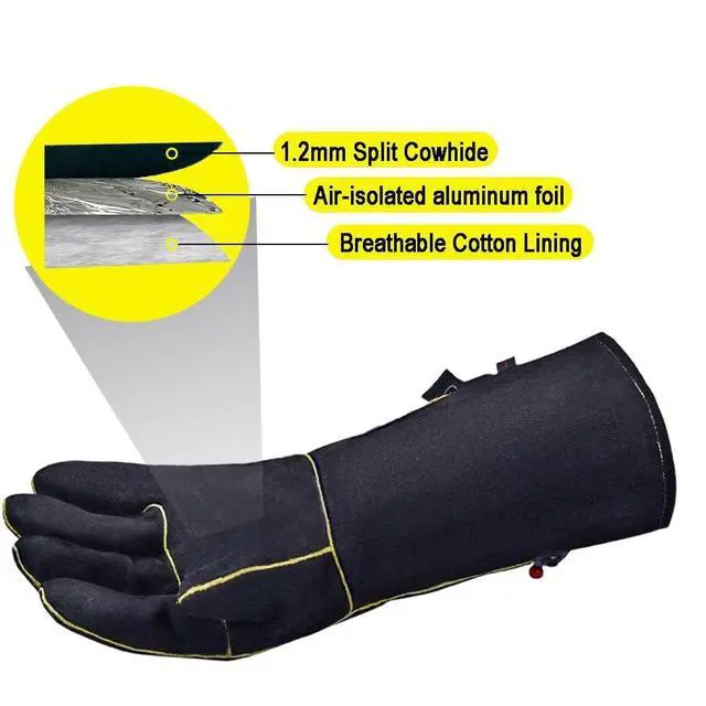 Alt view image 3 of 7 - 16 Inch Leather Welding Gloves, 932 Heat & Fire Resistant, Large Black Mitts for Welding, BBQ, Oven, Grill, Fireplace, Forge, Furnace, Stove, Pot Holder & Animal Handling