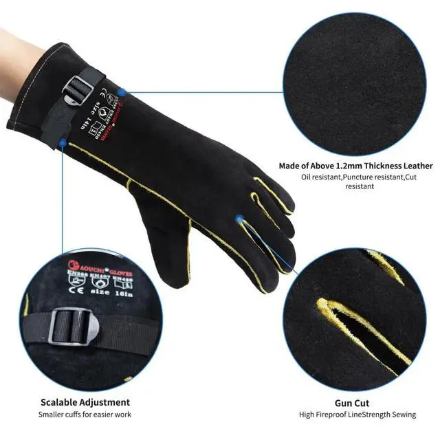 Alt view image 2 of 7 - 16 Inch Leather Welding Gloves, 932 Heat & Fire Resistant, Large Black Mitts for Welding, BBQ, Oven, Grill, Fireplace, Forge, Furnace, Stove, Pot Holder & Animal Handling