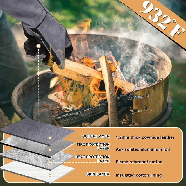 Alt view image 2 of 7 - 16" Leather Forge Welding Gloves, 932 Heat/Fire Resistant, Multi-Use Mitts for TIG/MIG Welding, BBQ, Oven, Baking, Furnace, Beekeeping, Animal Handling & Stove SafetyAmbidextrous