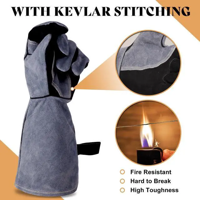 Alt view image 3 of 7 - 16" Leather Forge Welding Gloves, 932 Heat/Fire Resistant, Multi-Use Mitts for TIG/MIG Welding, BBQ, Oven, Baking, Furnace, Beekeeping, Animal Handling & Stove SafetyAmbidextrous