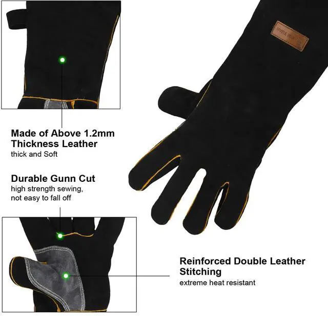 Alt view image 3 of 7 - Extreme Heat & Fire Resistant Gloves Leather with Kevlar Stitching,Mitts Perfect for Fireplace, Stove, Oven, Grill, Welding, BBQ, Mig, Pot Holder, Animal Handling 16in up to 932 °F