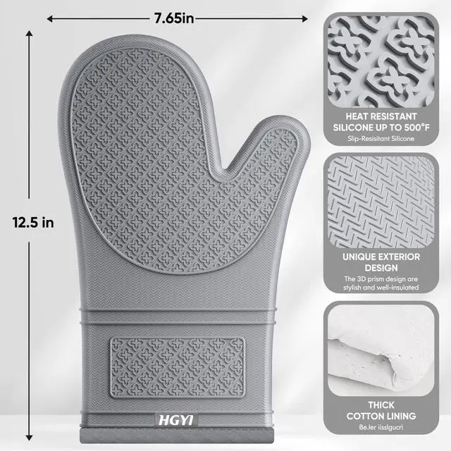 Alt view image 2 of 7 - Silicone Oven Mitts, Heat Resistant Oven Gloves with Quilted Liner, Waterproof & Non-Slip Kitchen Mittens for Baking Cooking BBQ, 500°F, 12.5"-Light Gray