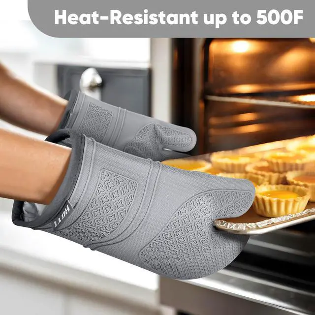 Alt view image 5 of 7 - Silicone Oven Mitts, Heat Resistant Oven Gloves with Quilted Liner, Waterproof & Non-Slip Kitchen Mittens for Baking Cooking BBQ, 500°F, 12.5"-Light Gray