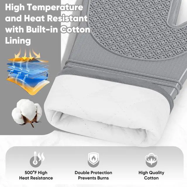 Alt view image 4 of 7 - Silicone Oven Mitts, Heat Resistant Oven Gloves with Quilted Liner, Waterproof & Non-Slip Kitchen Mittens for Baking Cooking BBQ, 500°F, 12.5"-Light Gray