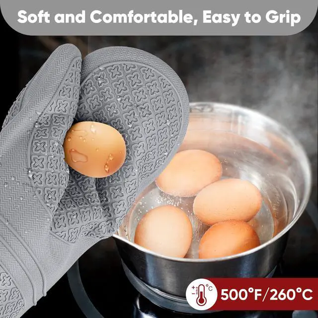 Alt view image 6 of 7 - Silicone Oven Mitts, Heat Resistant Oven Gloves with Quilted Liner, Waterproof & Non-Slip Kitchen Mittens for Baking Cooking BBQ, 500°F, 12.5"-Light Gray