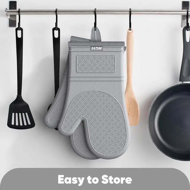 Alt view image 7 of 7 - Silicone Oven Mitts, Heat Resistant Oven Gloves with Quilted Liner, Waterproof & Non-Slip Kitchen Mittens for Baking Cooking BBQ, 500°F, 12.5"-Light Gray