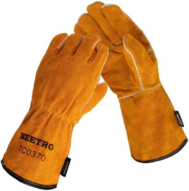 Main image of Welding Gloves 1 Pair, Cow Leather Forge/Mig/Stick Welder Heat/Fire Resistant, Mitts for Oven/Grill/Fireplace/Furnace/Stove/Pot/Wood Burner/BBQ/Animal handling glove with Soft Lining