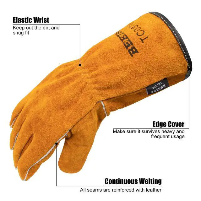 Alt view image 4 of 7 - Welding Gloves 1 Pair, Cow Leather Forge/Mig/Stick Welder Heat/Fire Resistant, Mitts for Oven/Grill/Fireplace/Furnace/Stove/Pot/Wood Burner/BBQ/Animal handling glove with Soft Lining