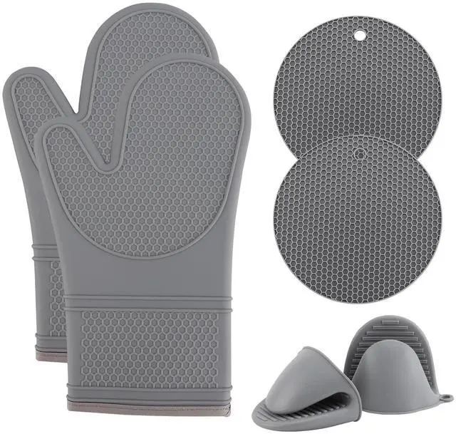 Main image of Silicone Oven Mitts- Heat Resistant Gloves with Soft Quilted Lining Oven Mitt Pot Holders for Cooking and BBQ, Gray, Mitt Set