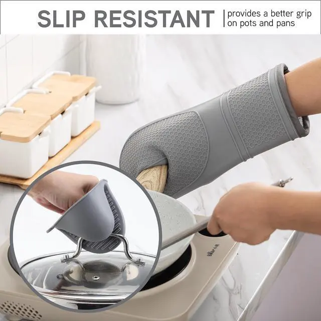 Alt view image 6 of 7 - Silicone Oven Mitts- Heat Resistant Gloves with Soft Quilted Lining Oven Mitt Pot Holders for Cooking and BBQ, Gray, Mitt Set