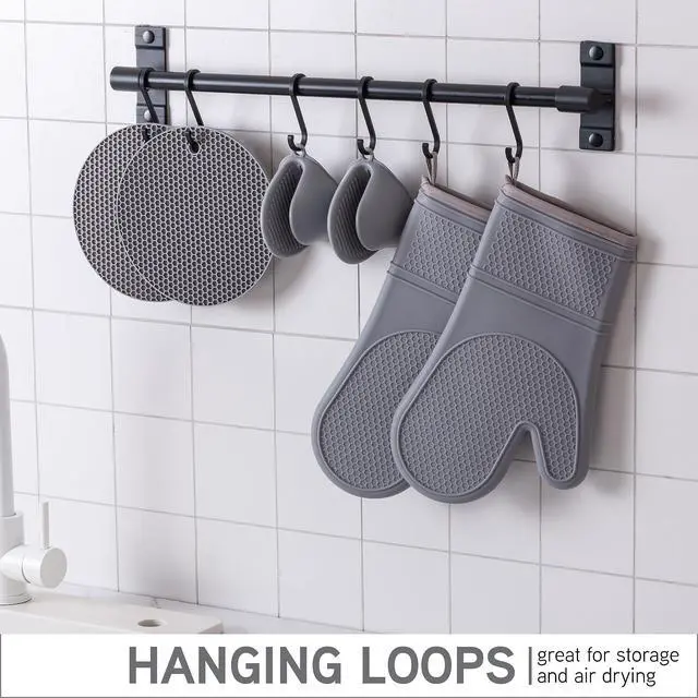 Alt view image 7 of 7 - Silicone Oven Mitts- Heat Resistant Gloves with Soft Quilted Lining Oven Mitt Pot Holders for Cooking and BBQ, Gray, Mitt Set