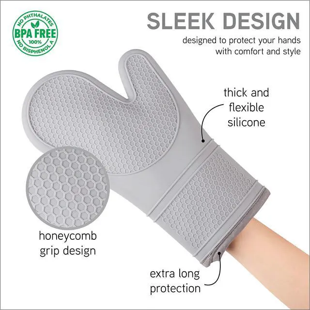 Alt view image 5 of 7 - Silicone Oven Mitts- Heat Resistant Gloves with Soft Quilted Lining Oven Mitt Pot Holders for Cooking and BBQ, Gray, Mitt Set