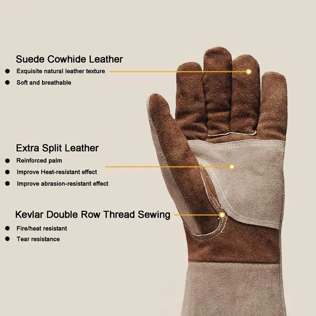 Alt view image 3 of 7 - Leather Welding Gloves for Men,Long Sleeve Fireproof and Heat Resistant Mitts for Firefighting,Fireplace,Oven,Baking,BBQ,Stove,Pot Holder,Yard Work Thorn Proof (Brown Large)