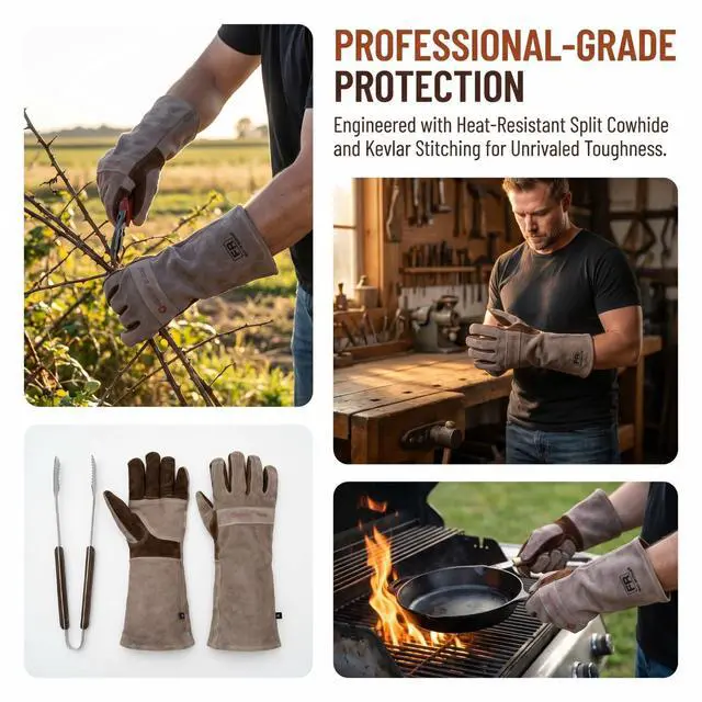 Alt view image 5 of 7 - Leather Welding Gloves for Men,Long Sleeve Fireproof and Heat Resistant Mitts for Firefighting,Fireplace,Oven,Baking,BBQ,Stove,Pot Holder,Yard Work Thorn Proof (Brown Large)