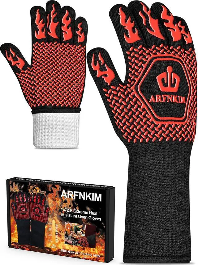 Main image of BBQ Oven Gloves, 1472 3-Layers Heat Resistant Oven Mitts Silicone Non-Slip Cooking Gloves for Barbecue, Grilling, Baking, Welding, Smoker (A Pair) (Red)