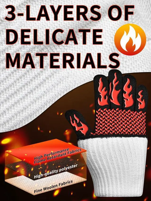 Alt view image 3 of 7 - BBQ Oven Gloves, 1472 3-Layers Heat Resistant Oven Mitts Silicone Non-Slip Cooking Gloves for Barbecue, Grilling, Baking, Welding, Smoker (A Pair) (Red)