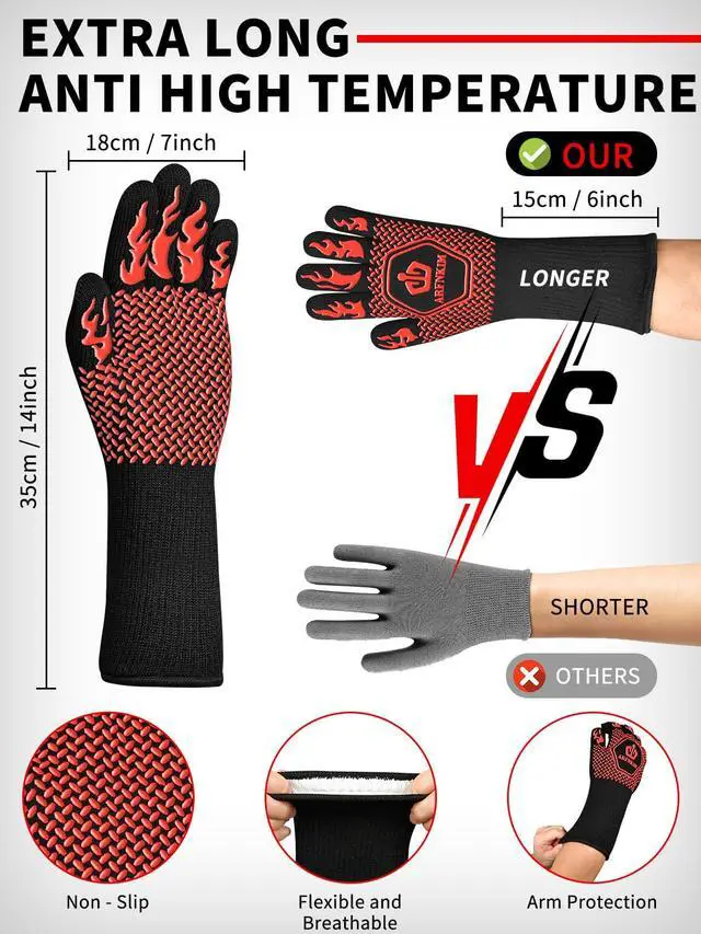 Alt view image 4 of 7 - BBQ Oven Gloves, 1472 3-Layers Heat Resistant Oven Mitts Silicone Non-Slip Cooking Gloves for Barbecue, Grilling, Baking, Welding, Smoker (A Pair) (Red)