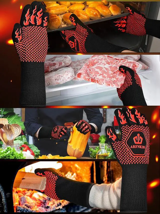 Alt view image 7 of 7 - BBQ Oven Gloves, 1472 3-Layers Heat Resistant Oven Mitts Silicone Non-Slip Cooking Gloves for Barbecue, Grilling, Baking, Welding, Smoker (A Pair) (Red)