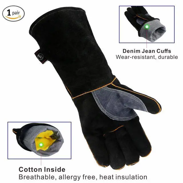 Alt view image 3 of 7 - Extreme Heat & Fire Resistant Gloves Leather with Kevlar Stitching,Mitts Perfect for Fireplace, Stove, Oven, Grill, Welding, BBQ, Mig, Pot Holder, Animal Handling