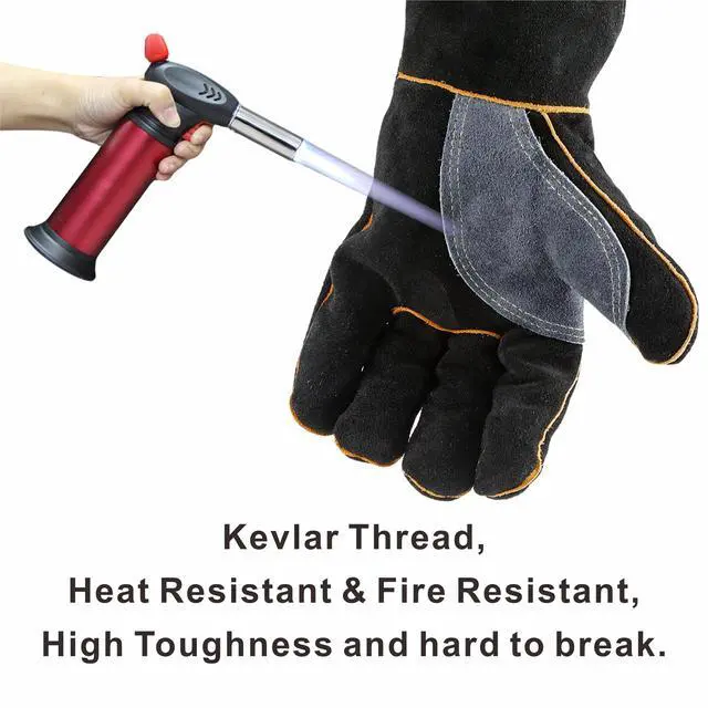 Alt view image 5 of 7 - Extreme Heat & Fire Resistant Gloves Leather with Kevlar Stitching,Mitts Perfect for Fireplace, Stove, Oven, Grill, Welding, BBQ, Mig, Pot Holder, Animal Handling