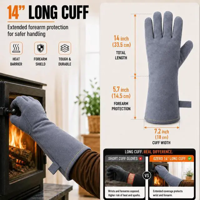 Alt view image 2 of 7 - Welding Gloves: Upgraded Thicker 932°F Heat Resistant, Gray, 14 Inch