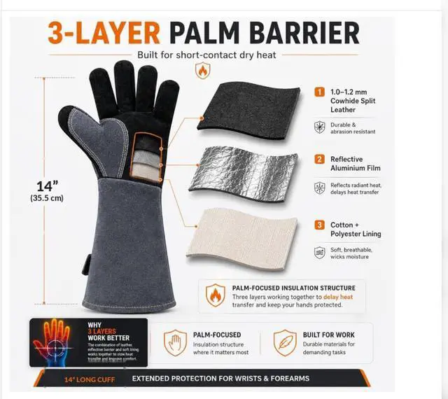 Alt view image 4 of 7 - Welding Gloves: Upgraded Thicker 932°F Heat Resistant, Gray, 14 Inch