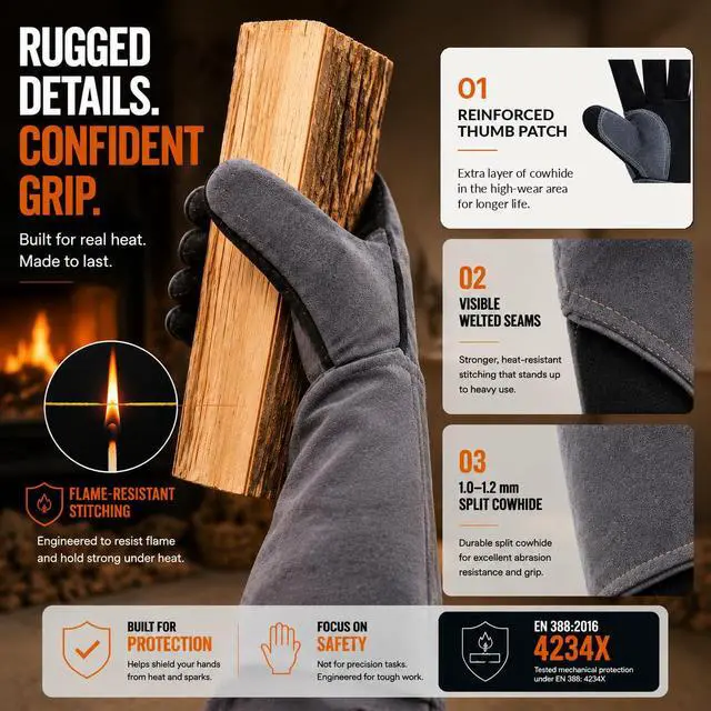 Alt view image 5 of 7 - Welding Gloves: Upgraded Thicker 932°F Heat Resistant, Gray, 14 Inch