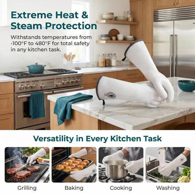 Alt view image 3 of 7 - Silicone Oven Gloves Heat Resistant with Fingers, Heat Proof Oven Mitts for Baking, Grilling & Cooking, Kitchen Barbecue Smoker Gloves, Food Grade, Waterproof, 1 Pair (8)