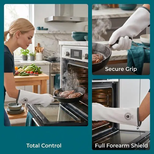 Alt view image 4 of 7 - Silicone Oven Gloves Heat Resistant with Fingers, Heat Proof Oven Mitts for Baking, Grilling & Cooking, Kitchen Barbecue Smoker Gloves, Food Grade, Waterproof, 1 Pair (8)