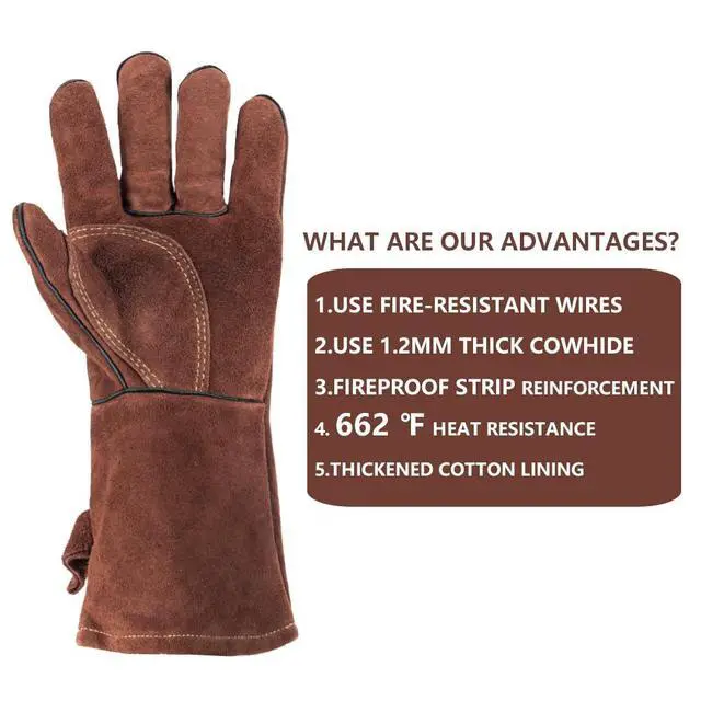 Alt view image 3 of 7 - Fireproof Gloves for Fireplace & Fire Pit, Welding Gloves for Men & Women - 14 Inch Heat Resistant Leather Work Gloves (662) for MIG/TIG, BBQ, Camping - Premium Cowhide, Durable