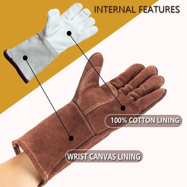 Alt view image 6 of 7 - Fireproof Gloves for Fireplace & Fire Pit, Welding Gloves for Men & Women - 14 Inch Heat Resistant Leather Work Gloves (662) for MIG/TIG, BBQ, Camping - Premium Cowhide, Durable