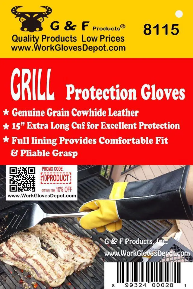 Alt view image 2 of 7 - Premium Leather Heat-Resistant Gloves BBQ, Fireplace Puncture, Cut, and Fire Protection with Cotton Lining and Kevlar Stitch Durable Suede and Cowhide Leather