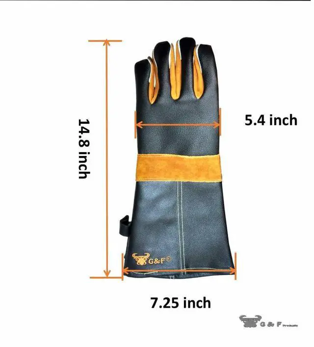 Alt view image 5 of 7 - Premium Leather Heat-Resistant Gloves BBQ, Fireplace Puncture, Cut, and Fire Protection with Cotton Lining and Kevlar Stitch Durable Suede and Cowhide Leather