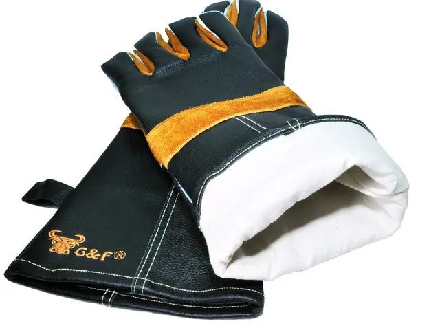 Alt view image 7 of 7 - Premium Leather Heat-Resistant Gloves BBQ, Fireplace Puncture, Cut, and Fire Protection with Cotton Lining and Kevlar Stitch Durable Suede and Cowhide Leather