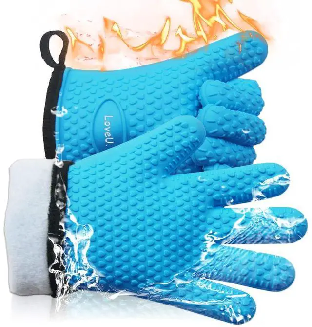 Main image of Kitchen Oven Gloves - Dual-Layer Heat Resistant Grilling Gloves, Silicone Oven Mitts with 5 Fingers, Waterproof Non-Slip Pot Holder for Barbecue, Cooking, Baking (Blue)