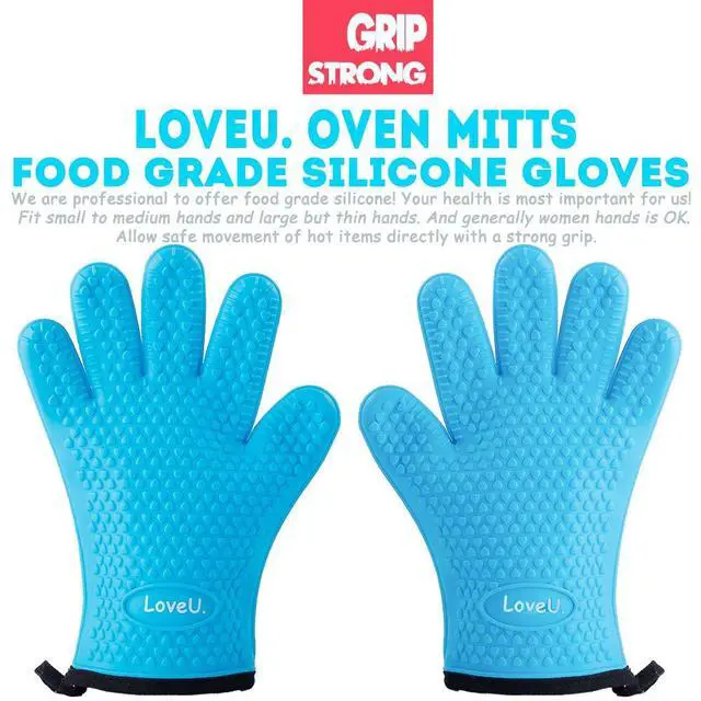 Alt view image 2 of 7 - Kitchen Oven Gloves - Dual-Layer Heat Resistant Grilling Gloves, Silicone Oven Mitts with 5 Fingers, Waterproof Non-Slip Pot Holder for Barbecue, Cooking, Baking (Blue)