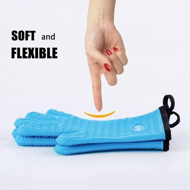 Alt view image 3 of 7 - Kitchen Oven Gloves - Dual-Layer Heat Resistant Grilling Gloves, Silicone Oven Mitts with 5 Fingers, Waterproof Non-Slip Pot Holder for Barbecue, Cooking, Baking (Blue)