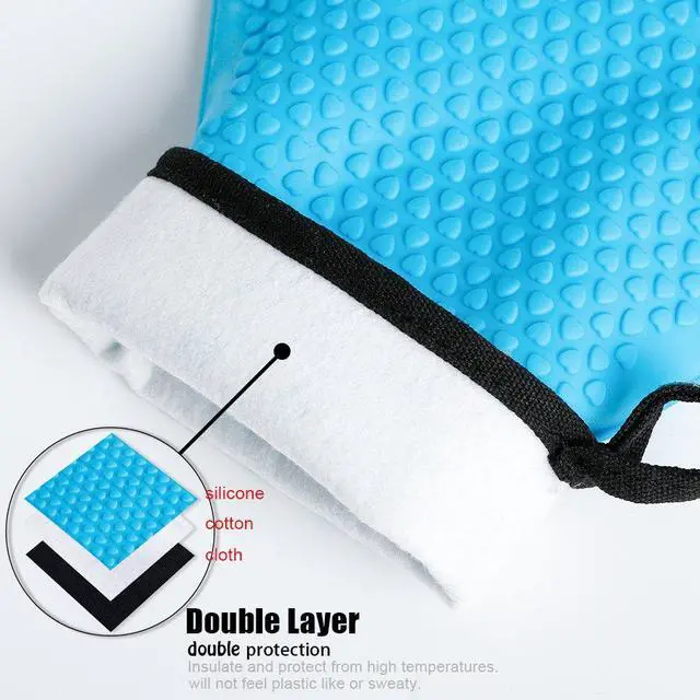 Alt view image 4 of 7 - Kitchen Oven Gloves - Dual-Layer Heat Resistant Grilling Gloves, Silicone Oven Mitts with 5 Fingers, Waterproof Non-Slip Pot Holder for Barbecue, Cooking, Baking (Blue)