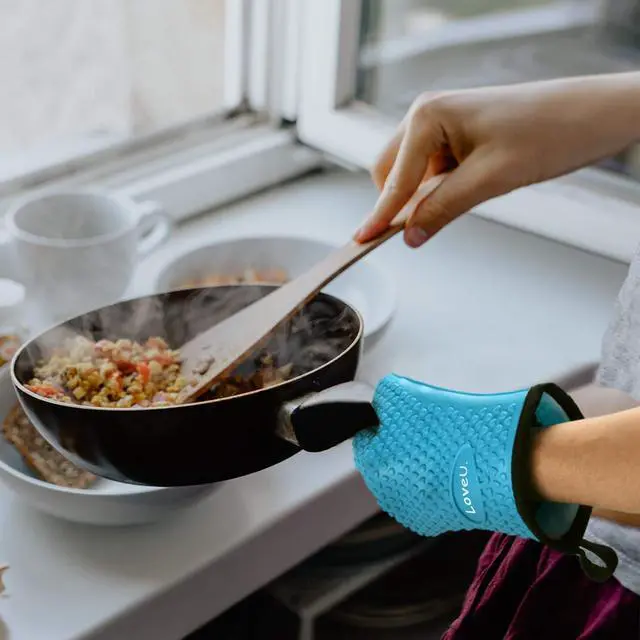 Alt view image 6 of 7 - Kitchen Oven Gloves - Dual-Layer Heat Resistant Grilling Gloves, Silicone Oven Mitts with 5 Fingers, Waterproof Non-Slip Pot Holder for Barbecue, Cooking, Baking (Blue)