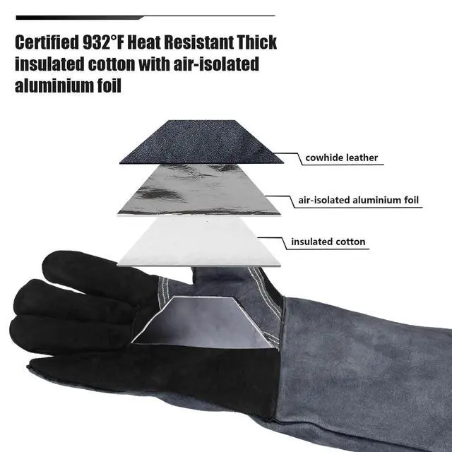 Alt view image 5 of 7 - Welding Gloves 16 Inch, EN407 Certified Heat/Fire Resistant to 932°F, Leather Gauntlet for MIG TIG Stick Welding, BBQ and Forge, Black-gray